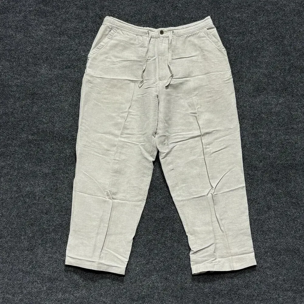 Cubavera Pants Mens 32x26 Beige Linen Blend Drawstring Elastic Waist Casual